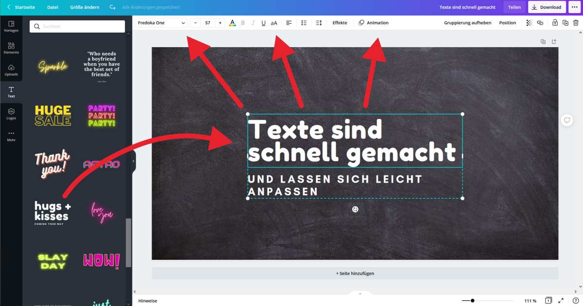 Texte einfügen und bearbeiten in Canva